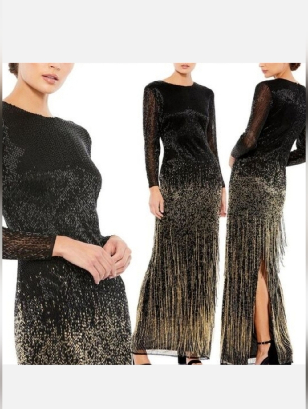 Mac Duggal Black Long SleeveBeaded Fringe Evening GownStyle - Picture 6 of 8